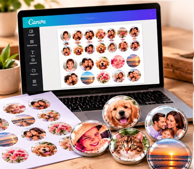 Notebook com modelos no Canva e ímãs prontos