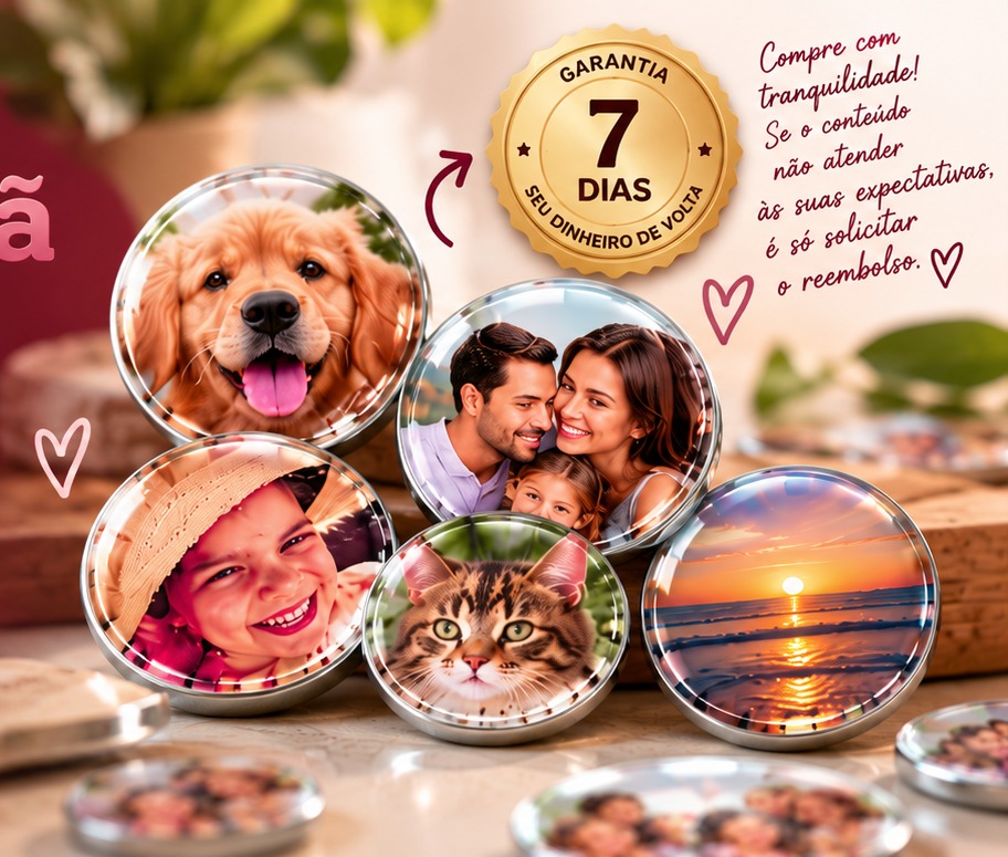 Ímãs com fotos e selo de garantia de 7 dias