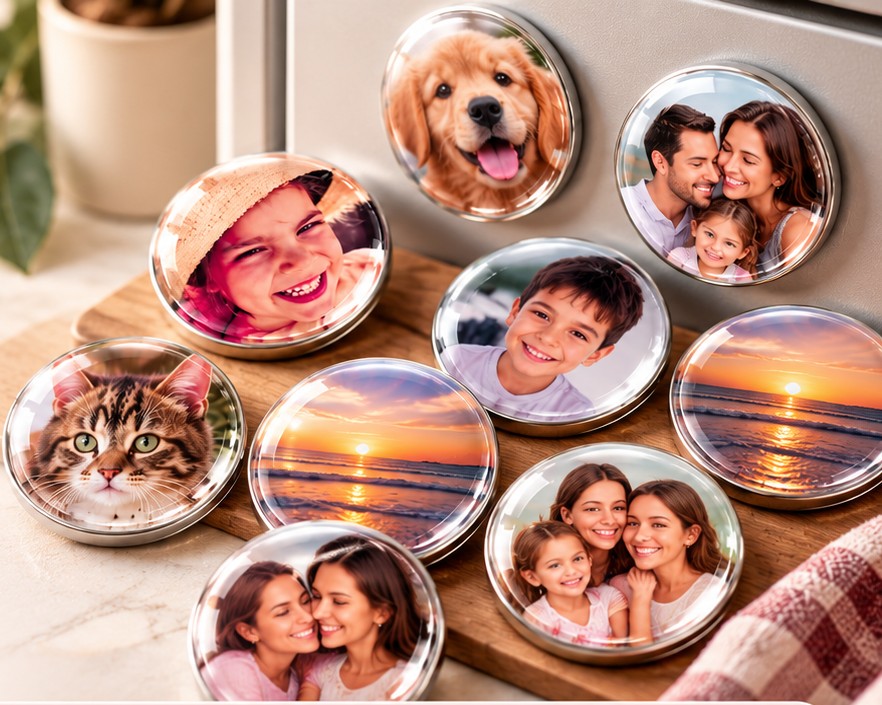 Ímãs com fotos de família, pets e paisagens