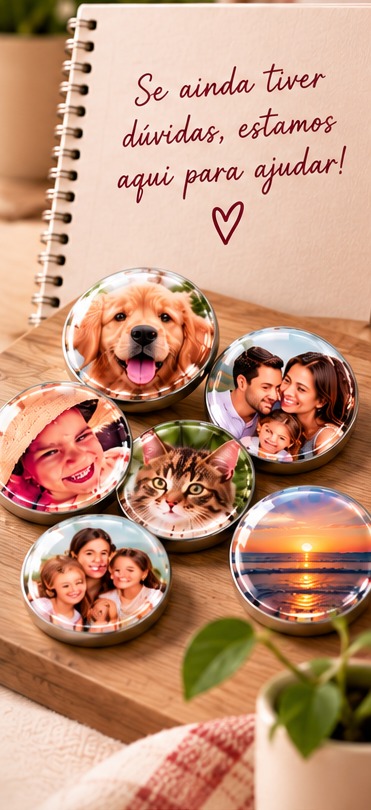 Caderno com a frase Se ainda tiver dúvidas, estamos aqui para ajudar! e ímãs com fotos